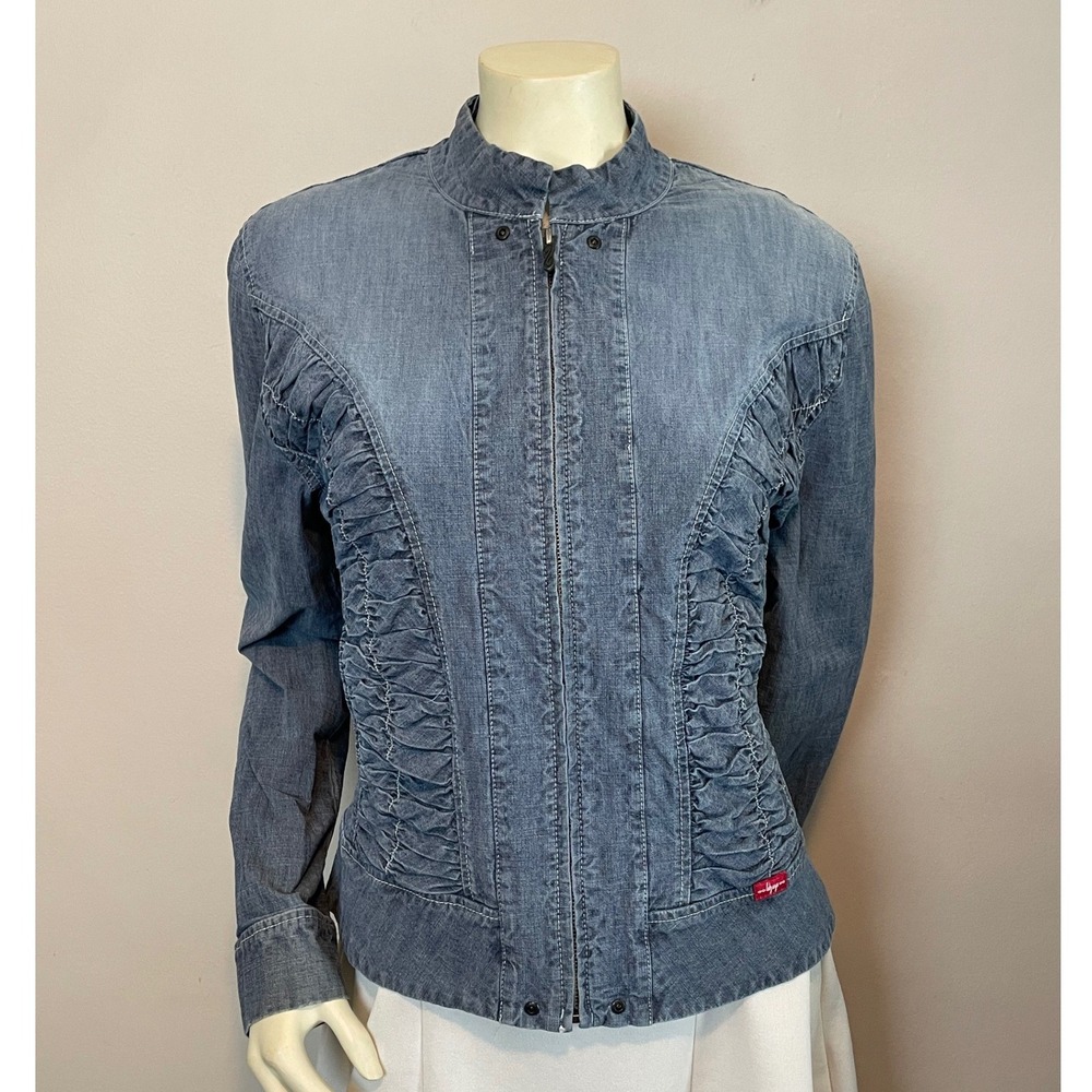Lady Enyce 90s Streetwear Y2K Ruched Lightweight Denim Jacket Blue XXL Zip Front - Picture 2 of 8